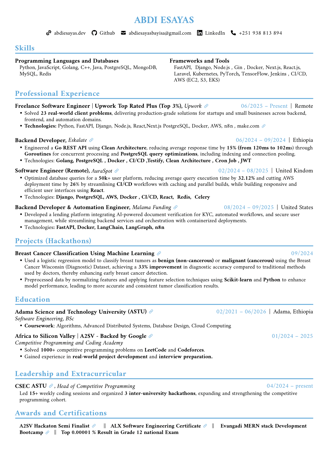 Résumé of Abdi Esayas: skills, professional experience at Upwork, Mālama Funding, AuraSpot and Eskalate, a machine learning project, education at ASTU and A2SV, leadership at CSEC ASTU, and awards.